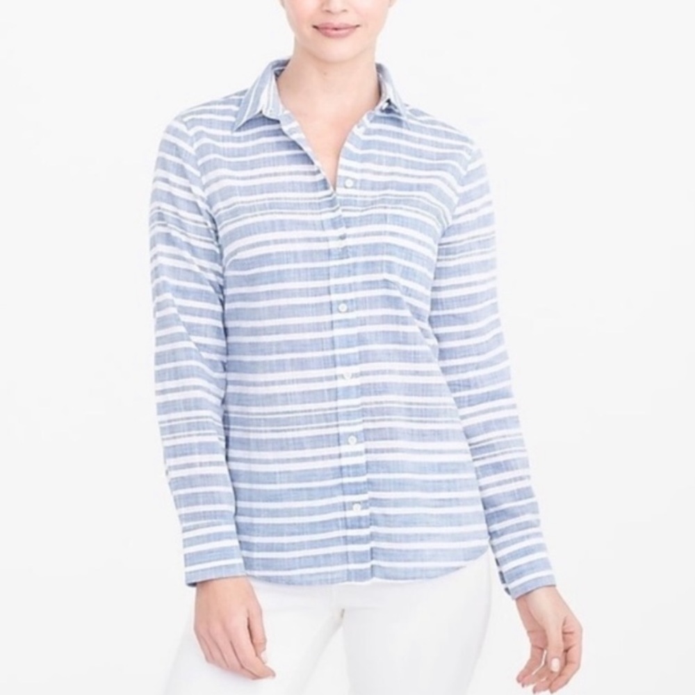 J Crew Light Blue & White Horizontal Stripe Cotton Collared Blouse Patch Pocket
